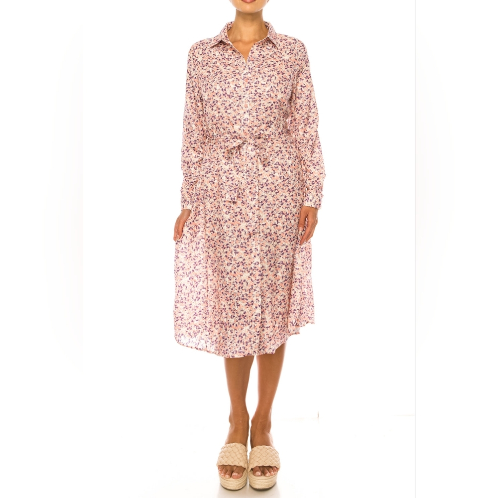 Vivid Long Sleeve Belted Floral Shirt Dress(4805p)